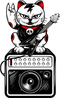 Hình vẽ mèo Maneki Neko đội khăn đỏ, cầm guitar điện, ngồi trên loa ampli, phong cách rock.