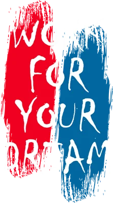 Hình ảnh chữ trắng "WORK FOR YOUR DREAM" trên nền xám với hai vệt sơn đỏ và xanh.