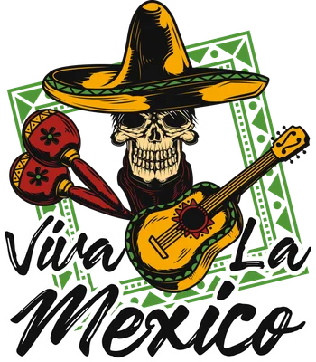 Hình ảnh minh họa bộ xương đội mũ sombrero, cầm guitar và maracas, với chữ 'Viva La Mexico'.