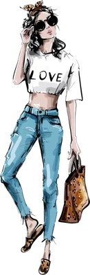 Hình vẽ cô gái thời trang mặc áo croptop chữ LOVE, quần jeans rách, kính râm và túi xách họa tiết da báo.