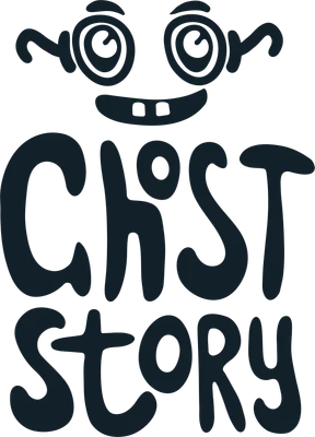Hình in chuyển nhiệt chữ 'Ch'st Story' với mặt cười đeo kính vui nhộn, phong cách hoạt hình.