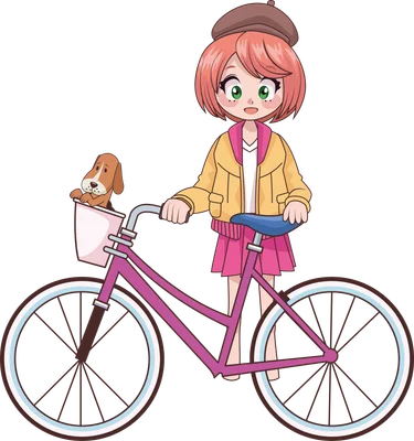 Hình vẽ anime cô gái tóc hồng đội mũ beret, mặc áo khoác vàng, váy hồng, dắt xe đạp màu tím có giỏ đựng chó con.
