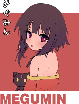 Hình vẽ anime cô gái Megumin với mái tóc nâu, mắt tím, mặc áo đỏ, bên cạnh là chú mèo đen có dấu thập trên trán.