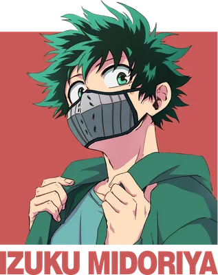 Hình vẽ anime Izuku Midoriya đeo khẩu trang xám, tóc xanh lá, áo khoác xanh lá, mắt xanh lá.