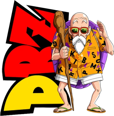 Hình ảnh Master Roshi (Rùa Tiên) từ Dragon Ball Z, mặc áo sơ mi Hawaii, cầm gậy, vẫy tay chào.