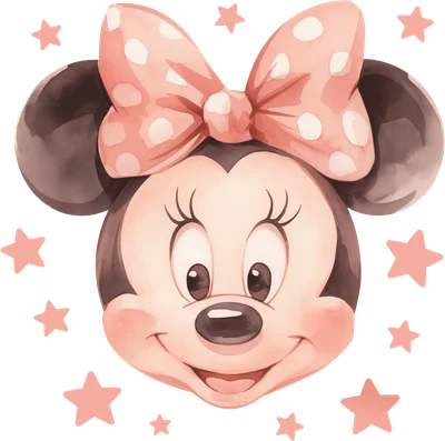 Hình ảnh đầu Minnie Mouse đáng yêu với nơ hồng chấm bi, phong cách màu nước, xung quanh có các ngôi sao nhỏ màu hồng trên nền xám.