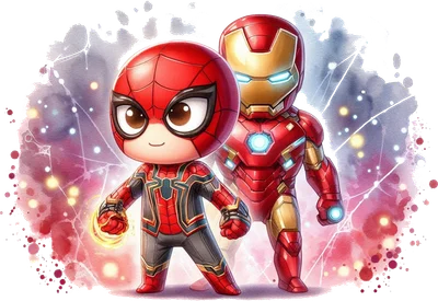 Hình minh họa chibi Spider-Man và Iron Man đứng cạnh nhau với hiệu ứng màu nước và ánh sáng lấp lánh, phong cách hoạt hình dễ thương.