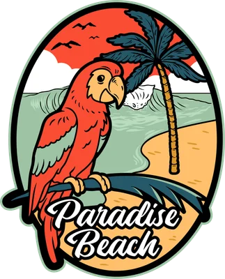 Hình minh họa vẹt Macaw đỏ trên bãi biển nhiệt đới với dòng chữ Paradise Beach phong cách retro