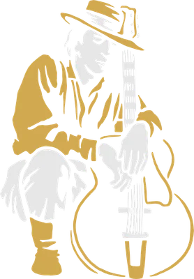 Hình vẽ nghệ sĩ guitar đội mũ, dáng ngồi trầm tư bên cây đàn guitar, phong cách tối giản.