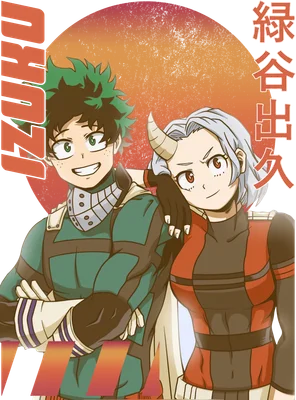 Hình vẽ hai nhân vật anime Deku và Eri từ My Hero Academia, Deku cười tươi, Eri có sừng.