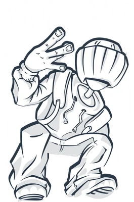 Hình minh họa nhân vật hip-hop phong cách graffiti màu trắng xám, giơ ba ngón tay, với chữ 'WEST COAST' phía trên.