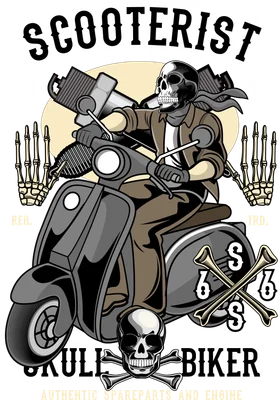 Hình minh họa đầu lâu lái xe scooter phong cách vintage biker cho áo thun