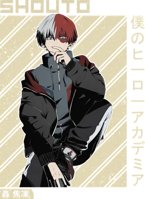 Hình vẽ anime Shoto Todoroki, nhân vật My Hero Academia, với mái tóc hai màu đỏ trắng, mặc áo khoác đen và xám, tư thế ngồi ngầu.