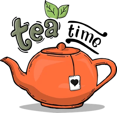 Hình minh họa ấm trà màu cam với chữ "Tea Time" và hai lá cây xanh phía trên.