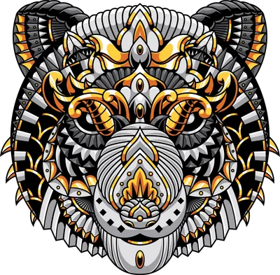Hình ảnh mặt hổ với họa tiết mandala phức tạp, màu vàng, đen và trắng, tạo cảm giác uy dũng.