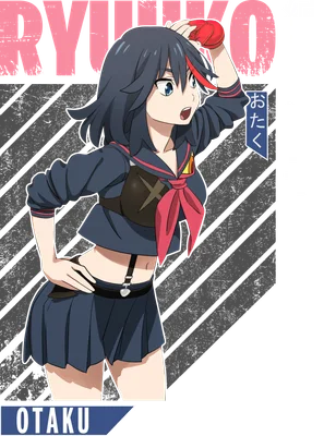Hình ảnh anime cô gái Ryuko Matoi với tóc đen và điểm nhấn đỏ, mặc đồng phục học sinh, tay đặt lên đầu.