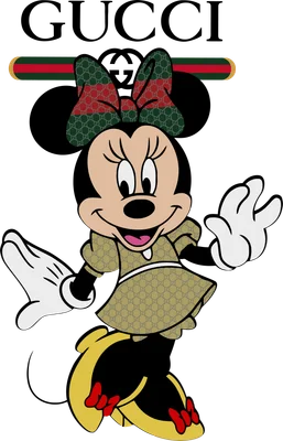 Hình ảnh Minnie Mouse mặc trang phục và nơ in họa tiết Gucci, phía trên có logo Gucci.