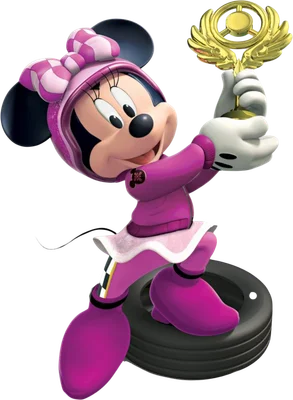 Minnie Mouse trong trang phục đua xe màu hồng tím, đội mũ bảo hiểm caro, đang giơ cao chiếc cúp vàng chiến thắng với nụ cười rạng rỡ.