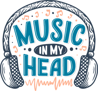 Hình minh họa tai nghe màu xám xanh với chữ 'MUSIC IN MY HEAD' màu xanh ngọc và hồng, cùng các nốt nhạc trang trí.