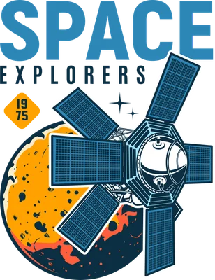 Hình minh họa vệ tinh thám hiểm không gian với các tấm pin mặt trời, hành tinh cam và chữ 'SPACE EXPLORERS'.