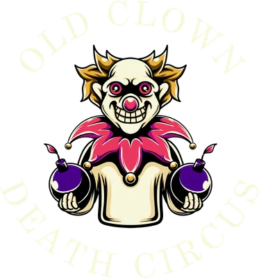 Hình minh họa chú hề ma quái cầm hai quả bom với dòng chữ Old Clown Death Circus
