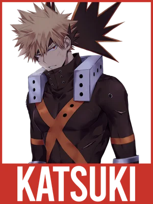 Hình ảnh Katsuki Bakugo, nhân vật anime với mái tóc vàng nhọn, biểu cảm tức giận, mặc trang phục màu đen và cam.