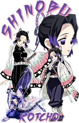 Hình ảnh Shinobu Kocho từ anime Demon Slayer với nhiều tạo hình chibi, có chữ Shinobu và Kocho.
