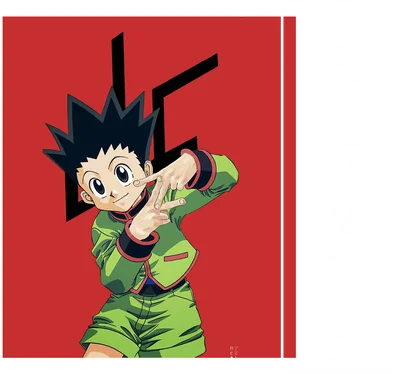 Nhân vật anime Gon Freecss trong trang phục xanh lá, đứng trước nền đỏ với biểu tượng màu đen, tay tạo dáng chữ V.