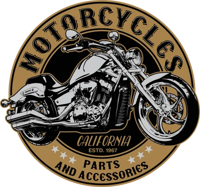 Hình minh họa xe mô tô phong cách cổ điển trong khung tròn với chữ Motorcycles California