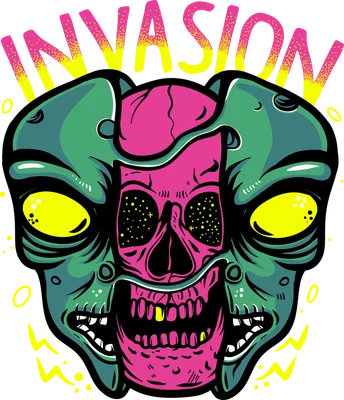 Hình minh họa đầu lâu người ngoài hành tinh màu neon xanh hồng với chữ Invasion