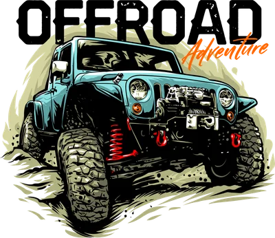 Hình minh họa xe Jeep offroad màu xanh lam vượt địa hình gồ ghề, với chữ 'OFFROAD Adventure' phía trên.