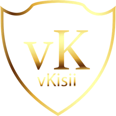 Logo vK vKisii màu vàng kim loại, thiết kế hình khiên, trên nền xám.