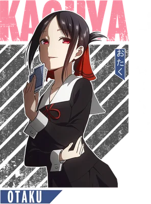Hình ảnh Kaguya Shinomiya, nhân vật anime, cầm bài, với mái tóc đen buộc đuôi ngựa và đôi mắt đỏ.
