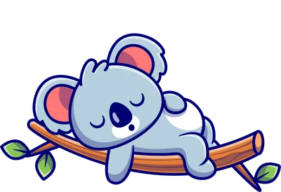 Hình ảnh minh họa gấu koala màu xám xanh đang ngủ say trên cành cây màu nâu, có lá xanh và chữ 'Z' tượng trưng cho giấc ngủ.