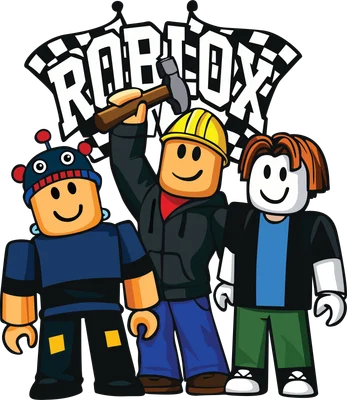Ba nhân vật Roblox hoạt hình với biểu cảm vui vẻ, một người đội mũ bảo hiểm vàng, một người đội mũ len xanh, và một người có tóc nâu, phía sau có cờ đua.