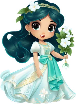 Hình ảnh công chúa Jasmine phiên bản chibi đáng yêu, mặc váy trắng xanh ngọc, tóc đen dài, cài hoa trắng trên tóc và cầm bó hoa nhài.