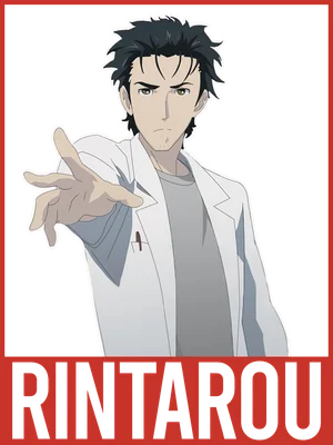 Hình vẽ nhân vật anime nam mặc áo khoác trắng, tay đưa ra phía trước, có chữ RINTAROU bên dưới.