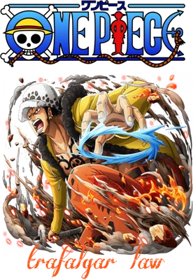 Hình ảnh Trafalgar Law trong One Piece, với biểu cảm mạnh mẽ, bao quanh bởi lửa và hiệu ứng băng xanh.