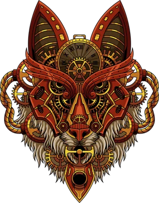 Hình ảnh mặt cáo được thiết kế theo phong cách steampunk với các chi tiết máy móc, bánh răng và đồng hồ.