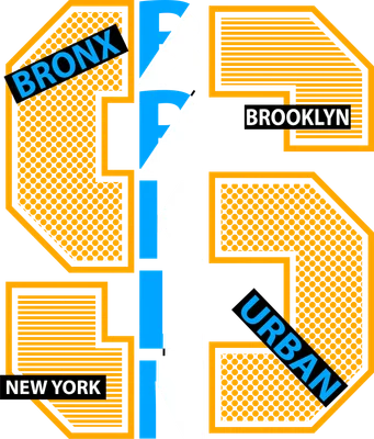 Hình in chữ BRKLN lớn màu trắng và xanh dương, viền vàng cam, với các từ Bronx, Brooklyn, New York, Urban trên nền xám.