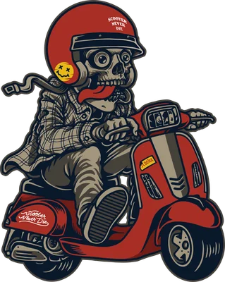 Hình minh họa đầu lâu đội mũ bảo hiểm lái xe scooter phong cách hoạt hình retro