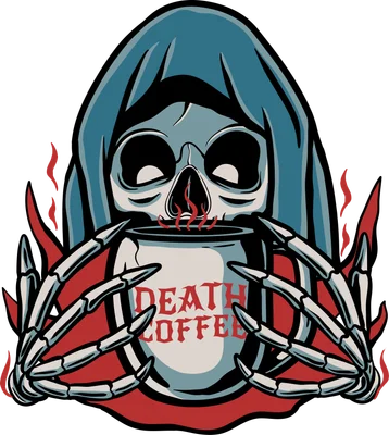 Hình minh họa đầu lâu mặc áo choàng cầm cốc cà phê có chữ Death Coffee phong cách hoạt hình tối
