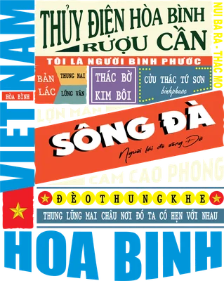 Hình ảnh typography phong cách retro với các địa danh nổi tiếng của Việt Nam như Hòa Bình, Bình Phước, Sông Đà, Đèo Thung Khe.