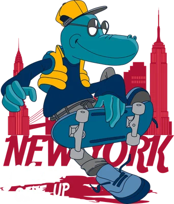 Hình vẽ hoạt hình khủng long đeo kính trượt ván với dòng chữ New York Never Give Up