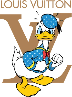 Hình ảnh Vịt Donald mặc áo và mũ có họa tiết Louis Vuitton, biểu cảm tức giận.