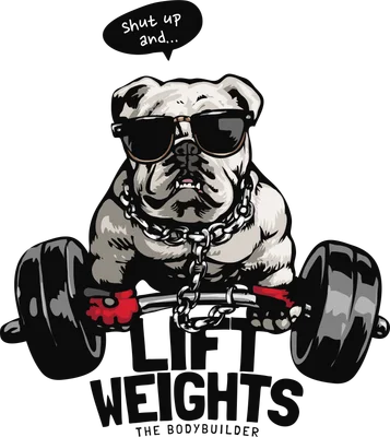 Hình minh họa chó Bulldog đeo kính râm, vòng cổ xích, găng tay đỏ đang nâng tạ với dòng chữ 'LIFT WEIGHTS'.