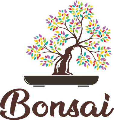 Hình ảnh cây bonsai với lá cây nhiều màu sắc rực rỡ, chữ Bonsai bên dưới.