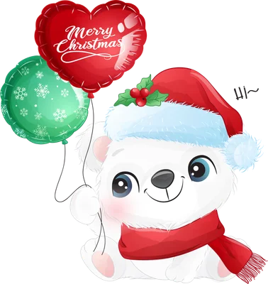 Hình ảnh gấu Bắc Cực đội mũ ông già Noel, quàng khăn đỏ, cầm bóng bay hình trái tim "Merry Christmas" và bóng bay xanh họa tiết bông tuyết.
