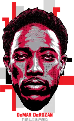 Hình vẽ chân dung cầu thủ bóng rổ Demar DeRozan với tông màu đỏ đen và xám, phong cách graphic.