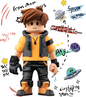Hình ảnh nhân vật 3D phong cách Roblox, mặc trang phục phi hành gia màu vàng và đen, đứng giữa các yếu tố vũ trụ như UFO, hành tinh, sao.